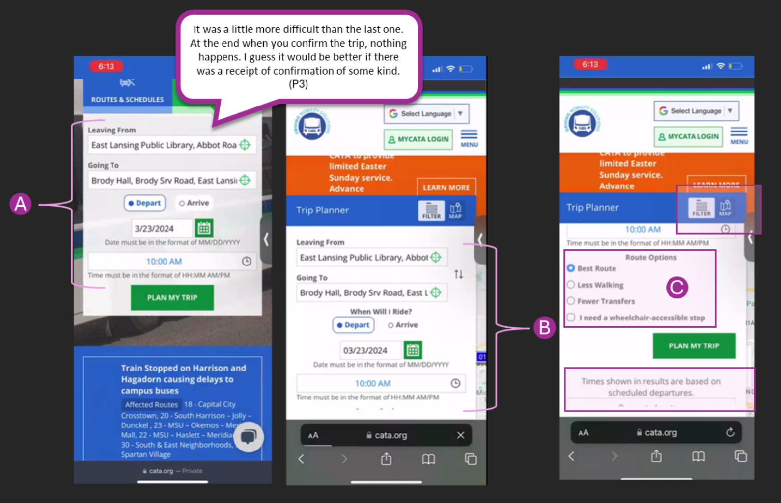 Usability test task collage showing a user trying to find the bus schedule for a specific route