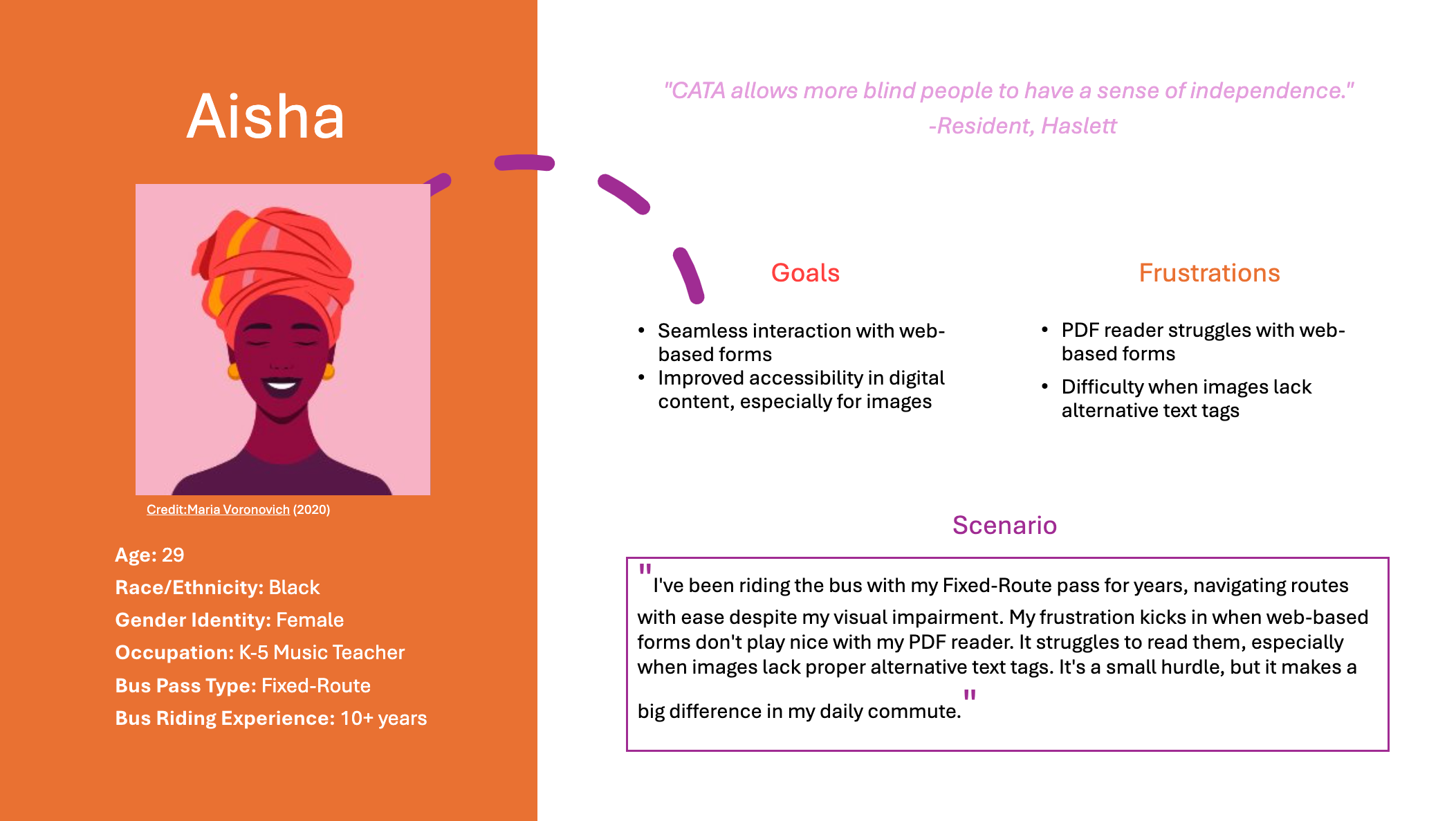 User persona image #1 with frustrations and goals